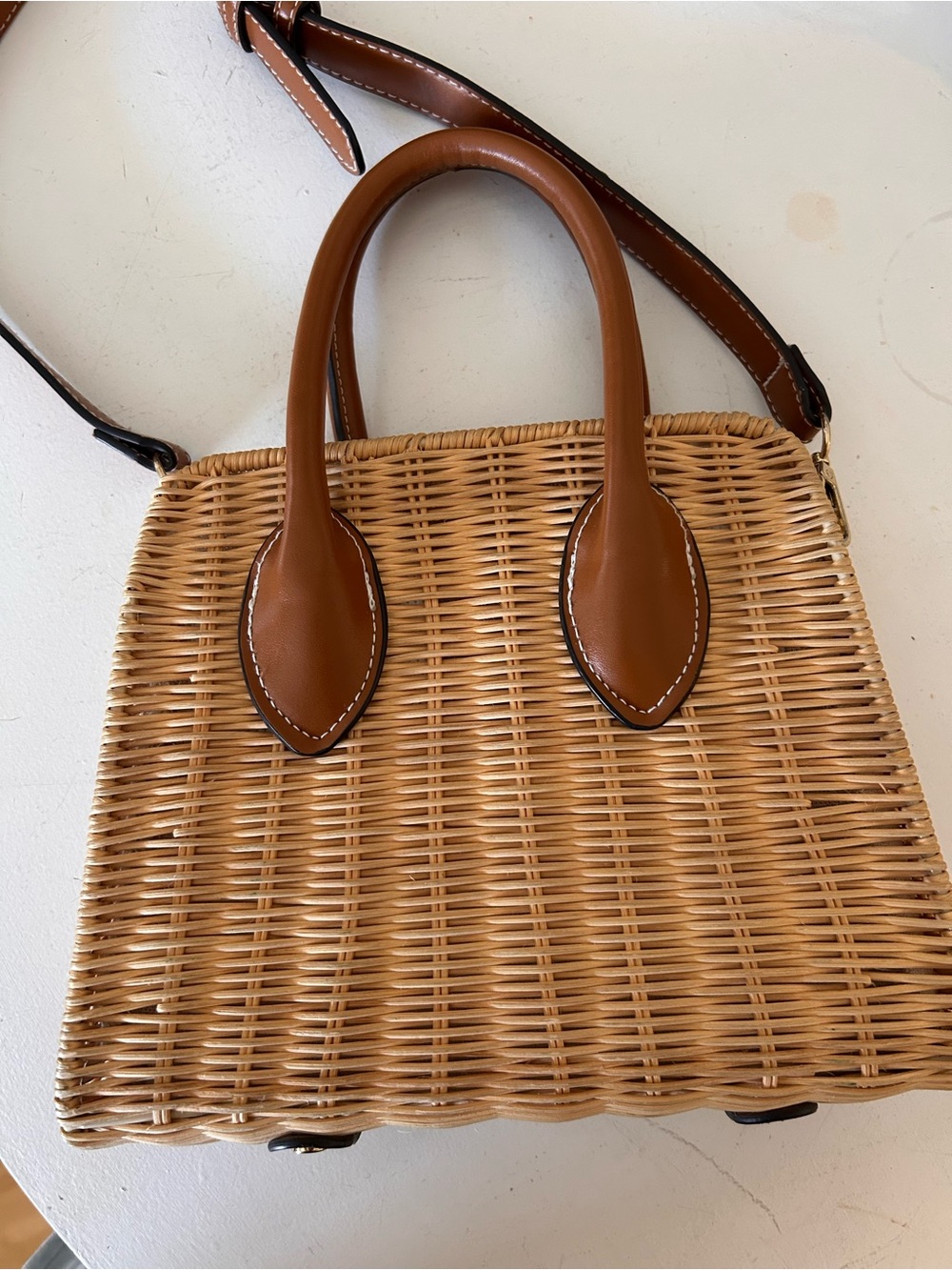 Zara - Woven Rattan Tote with Tan Leather Handles - Picture 2 of 6